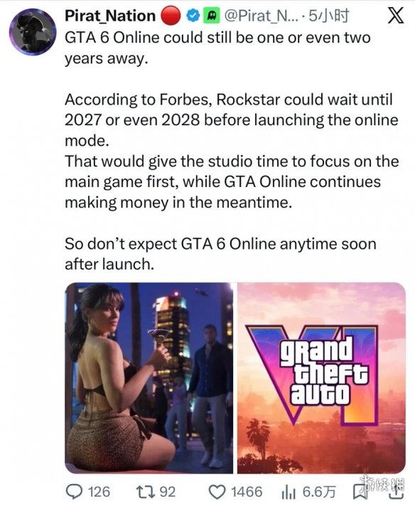 晴天霹雳!《GTA6》首发不带线上模式 或延后1